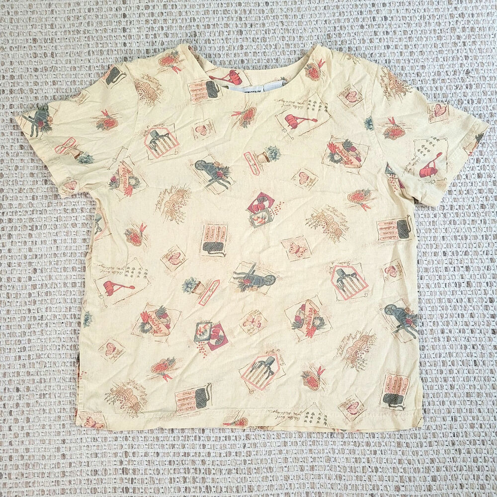 Vintage 90s White Stag Womens L 100% Silk Top Vegetable Garden Top T-Shirt Tan